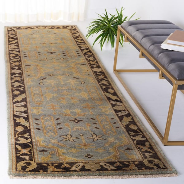 Oushak 3 ft. x 10 ft. Light Blue/Brown Ornate Oriental Runner Rug