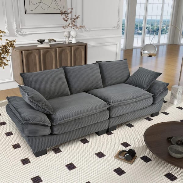 J&E Home 80.3 in. W Square Arm Corduroy Fabric Rectangle Couch Sofa for Apartment in. Gray
