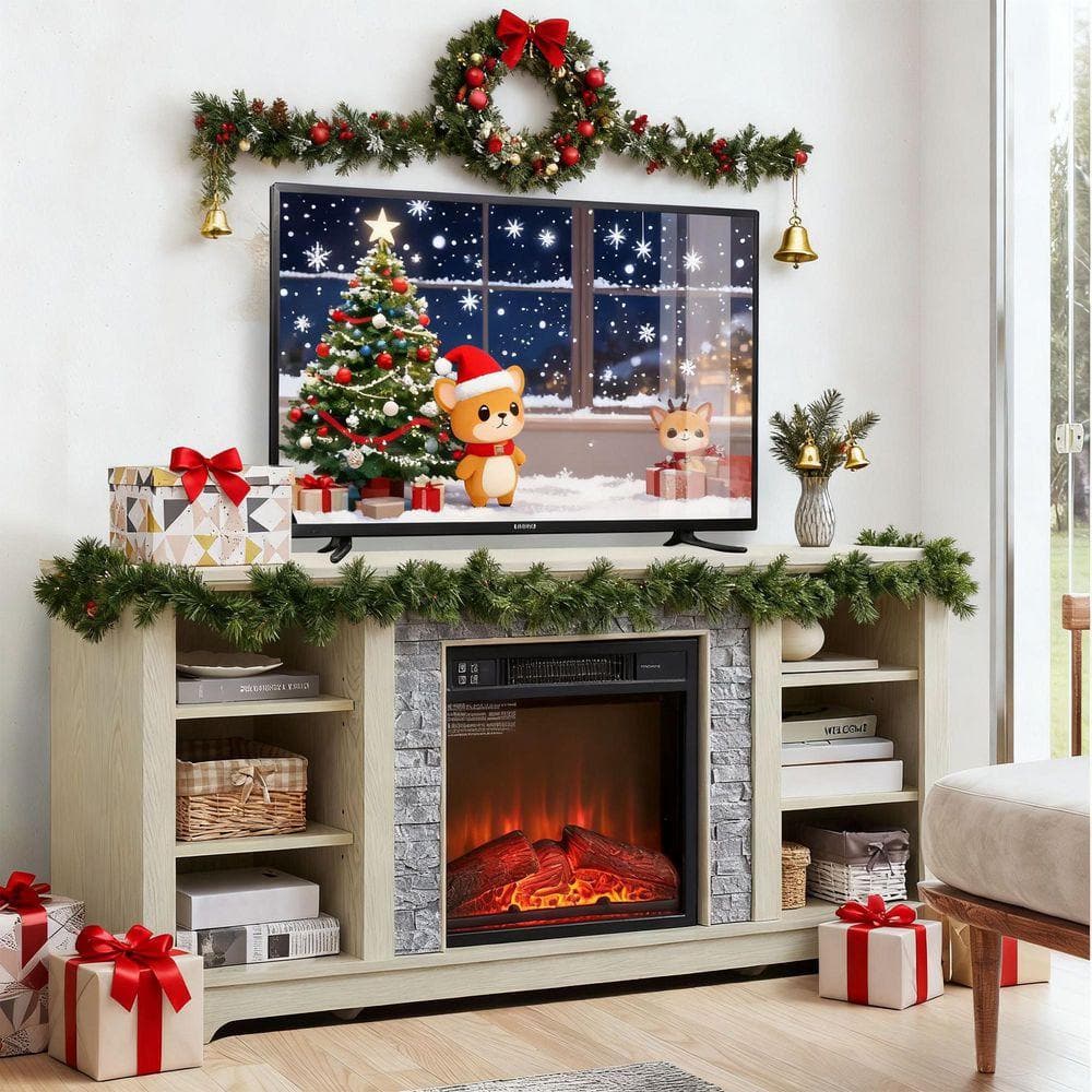 SUNRINX 58 in. W Freestanding Wooden Modern Electric Fireplace TV