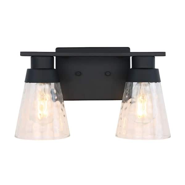 PUDO 14 in. 2-Light Black Wall Sconce with Clear Hammered Glass Shade for Bathroom Mirror Bedroom Dressing Room