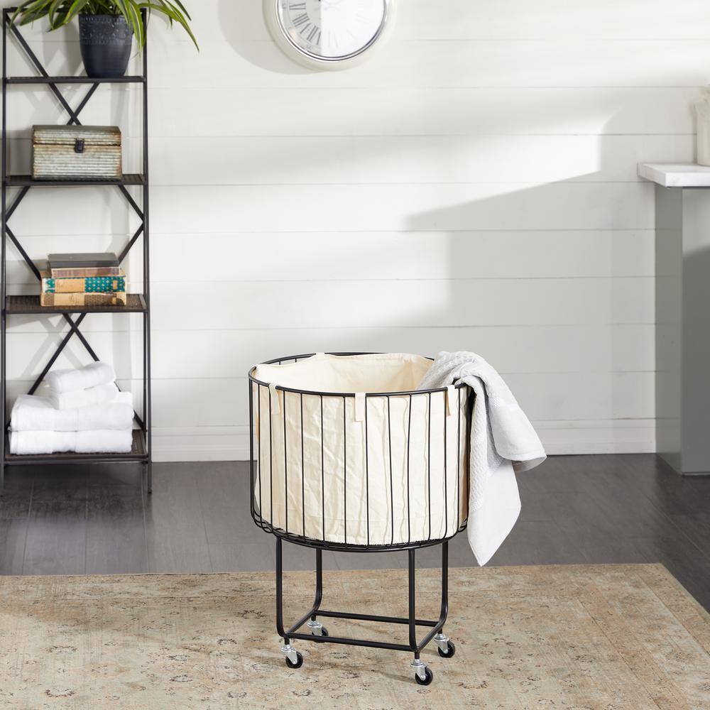 Black Metal Wire Basket Storage Cart with Wheels and Removable Fabric