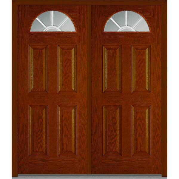 MMI Door 72 in. x 80 in. White Internal Grilles Right-Hand Inswing Fan Lite Clear Stained Fiberglass Oak Prehung Front Door