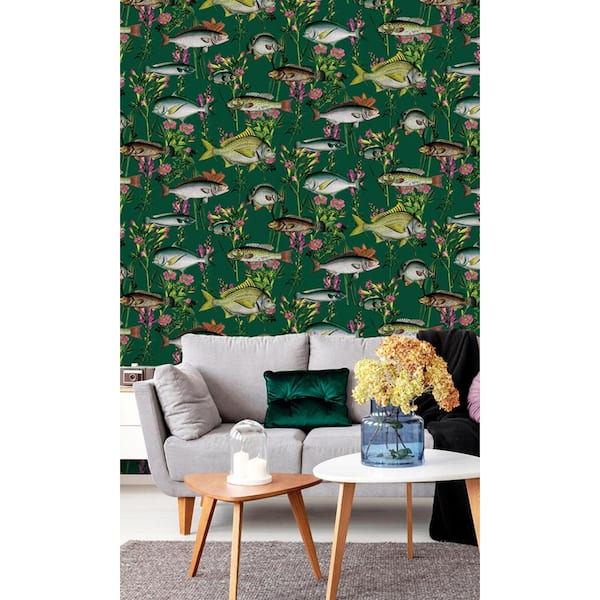 Walls Republic Green Flowers and Fishes Floral Shelf Liner Non- Woven Non-Pasted Wallpaper (57Sq.ft) Double Roll