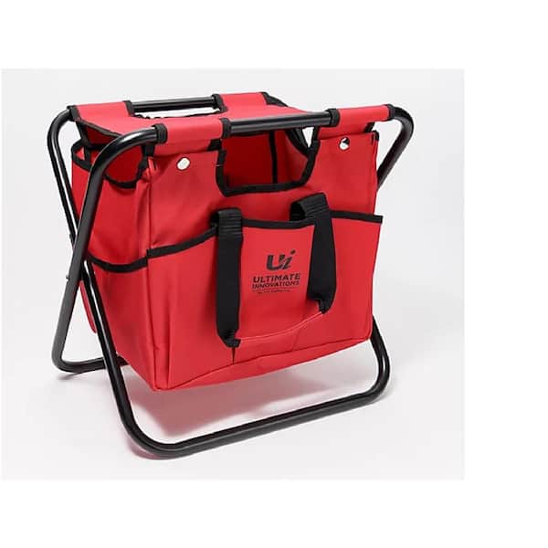Ultimate Innovations by the DePalmas Black Steel Metal and Red Canvas Folding Garden Stool with Storage