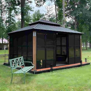 12ft. x 14ft. Sunroom Hardtop Gazebo Solarium Galvanized Steel Double Roof Aluminum PC Mesh Screen House Backyard Brown