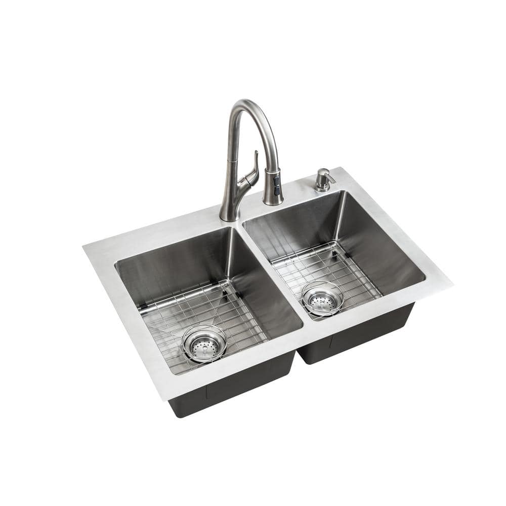 Glacier Bay All In One Dual Mount Stainless Steel 33 In 2 Hole 50 50 Double Bowl Kitchen Sink In Brushed Finish Vdr3322a0 The Home Depot