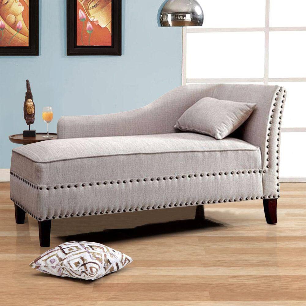 Elegant Beige Linen and Wood Chaise Lounge with Nailhead Accents