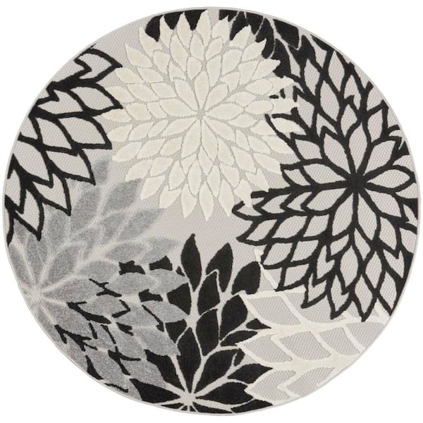 Nourison Aloha Contemporary Black White 4 ft. Round Floral Indoor/Outdoor Patio Area Rug
