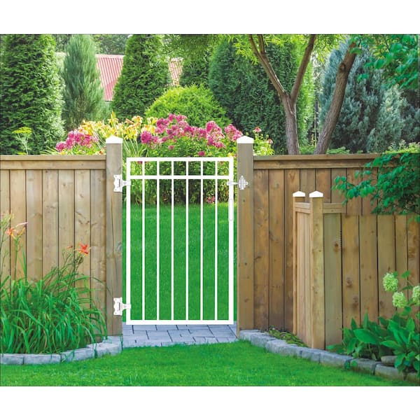 Glossy White Flat-Top Coral Steel Gate (33 in. W x 46 in. H) with Self-Close Hardware, Double-Sided Handle, 2x2 Hinges