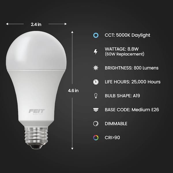 60-Watt Equivalent A19 Dimmable CEC Title 20 90 CRI E26 Medium Base LED Light Bulb, Daylight 5000K (24-Pack)