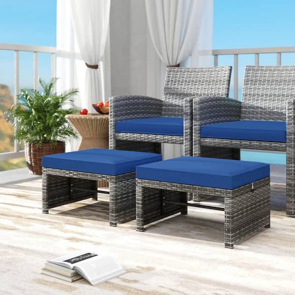 Costway Wicker Outdoor Ottoman Footstools with Removable Navy Cushions and Metal Frame (2-Pack)