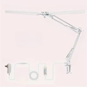 29 in. White 2-Head Integrated LED Adjustable Swing Arm Table Lamp with Clip, 3 Color Modes and Memory Function