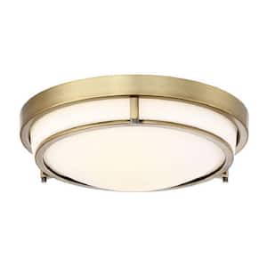 Meridian 13 in. W x 4 in. H 2-Light Semi-Flush Mount with Natural Brass Metal Ring and White Glass Shade