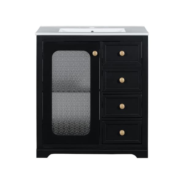 30 in. Single Sink Freestanding Black Bath Vanity with White Ceramic Top, Adjustable Shelves, Glass Door