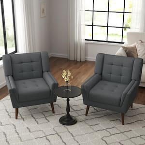 Dark Gray Linen Upholstered Armchair with Wood Frame (Set of 2)