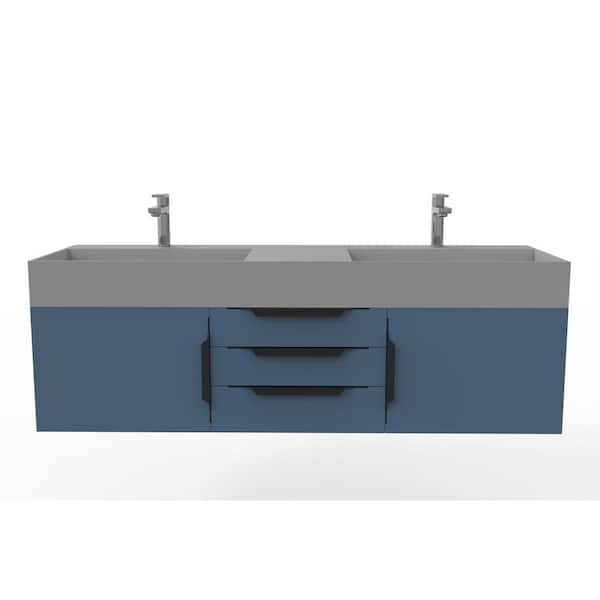 castellousa Maranon 60 in. W x 19 in. D x 19.25 in. H Double Floating Bath Vanity in Matte Blue with Black Trim and Gray Top