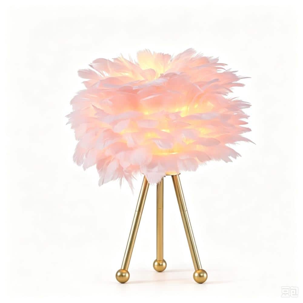 LQXYIQ 14.5 in.Pink Feather Table Lamp Gold Tripod Bedside Lamp With Feather Shade Decorative Lamp For Bedroom Living Room
