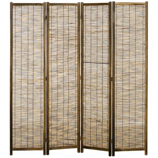 Zeus & Ruta 5.5 ft. Brown Bamboo Folding Privacy Screen 4-Panel Reed Hand-Woven Room Divider Partition Wall Dividers for Home Office