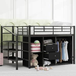 Black Full Size Metal Loft Bed with Shelves, Open Wardrobe, 2-Drawers, Storage Staircase