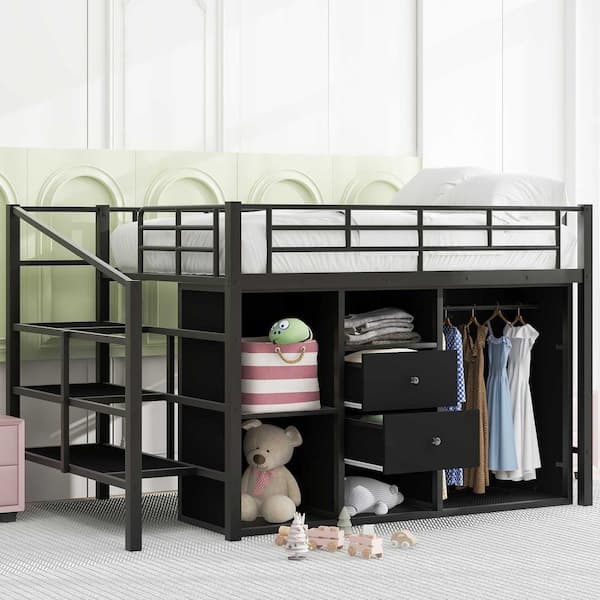 Harper & Bright Designs Black Full Size Metal Loft Bed with Shelves ...