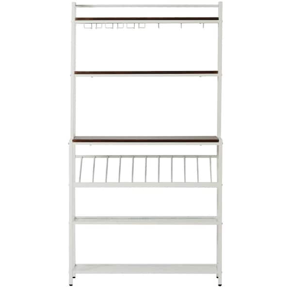 URTR Modern Dark Brown plus White Tube 6-Tier Baker Rack Freestanding Bar Wine Rack Table with Glass and Cup Holders & Shelf