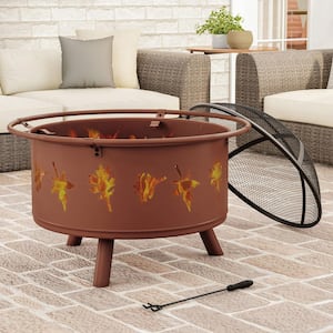 32 in. W x 25 in. H Round Steel Wood Burning Outdoor Deep Fire Pit in Rugged Rust with Leaf Cutouts