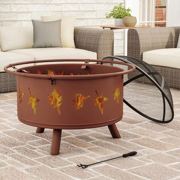 Pure Garden 32 in. W x 25 in. H Round Steel Wood Burning Outdoor Deep Fire Pit in Rugged Rust with Leaf Cutouts