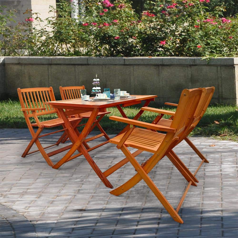 5 Piece Wood Patio Conversation Set Foldable Patio Dining Set, Indoor and O