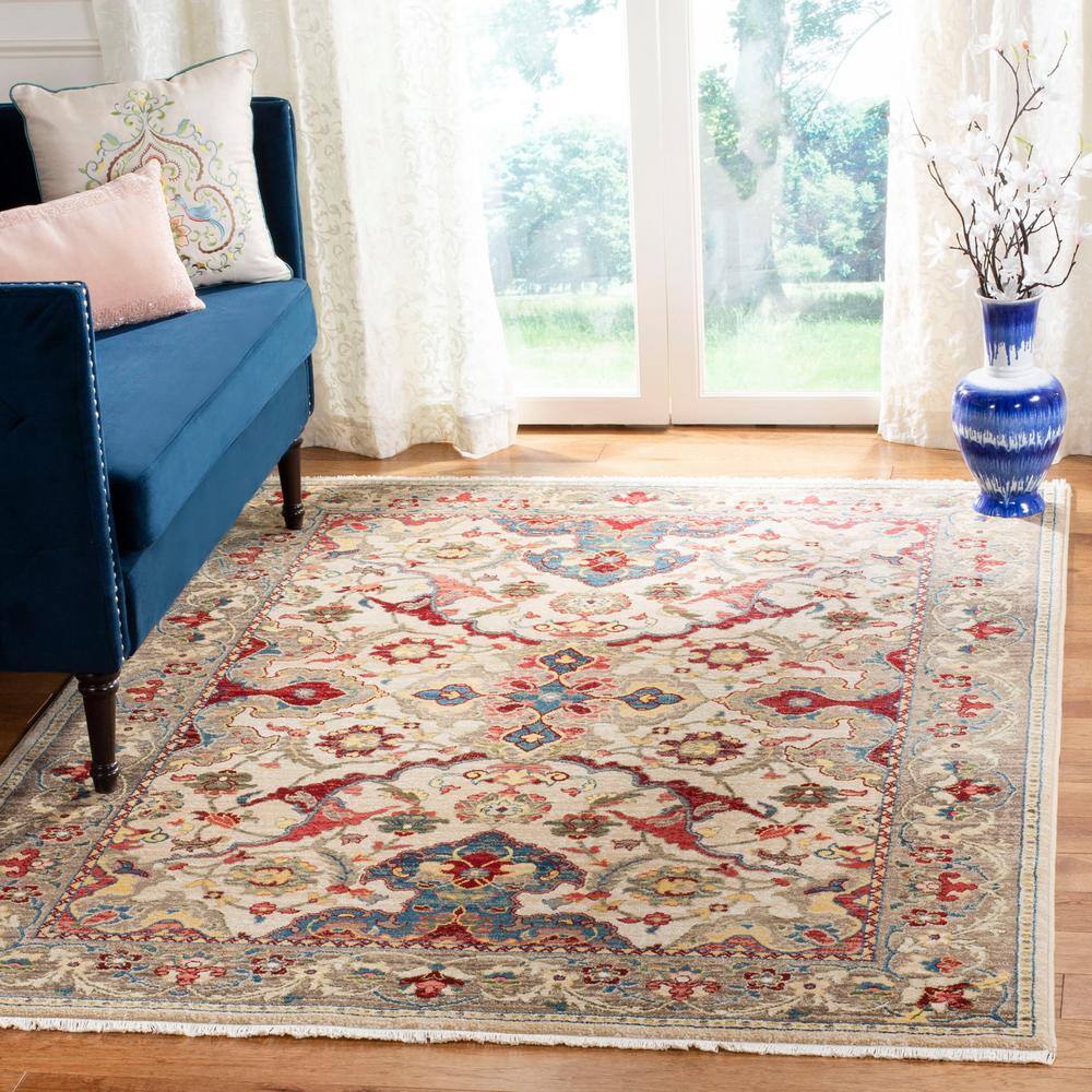 Ivory and Taupe Floral Synthetic Low Pile Area Rug