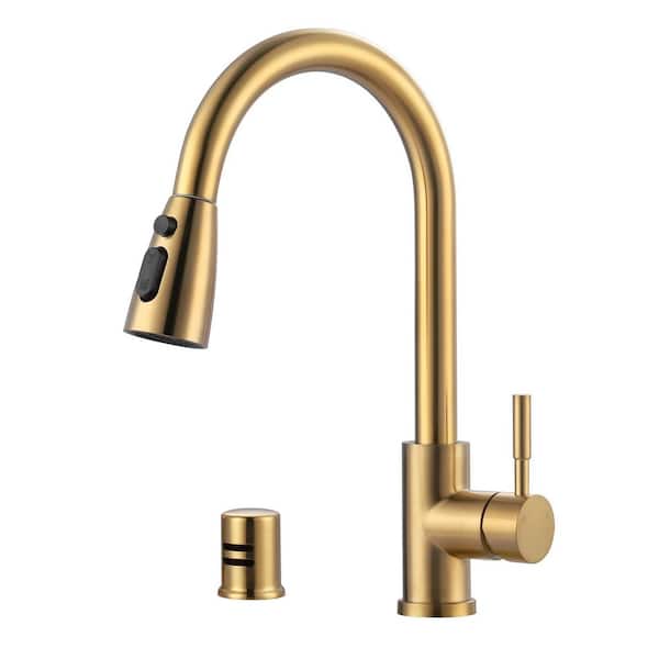 Single Handle Pull Down Sprayer Kitchen Faucet with 3-Mode Sprayer and Air Gap Kit in Gold