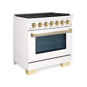 BOLD 36 in. 5.2 cu. ft. 6 Burner Freestanding All Gas Range with Gas Stove and Gas Oven, White with Brass Trim