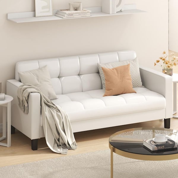 Brive 76.38 in. Square Arm Leather Upholstered Rectangle Sofa in White