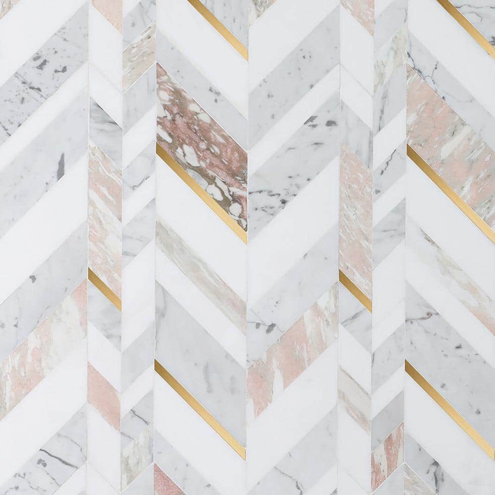 Xander 12" x 18" Polished Marble and Brass Chevron Wall Tile
