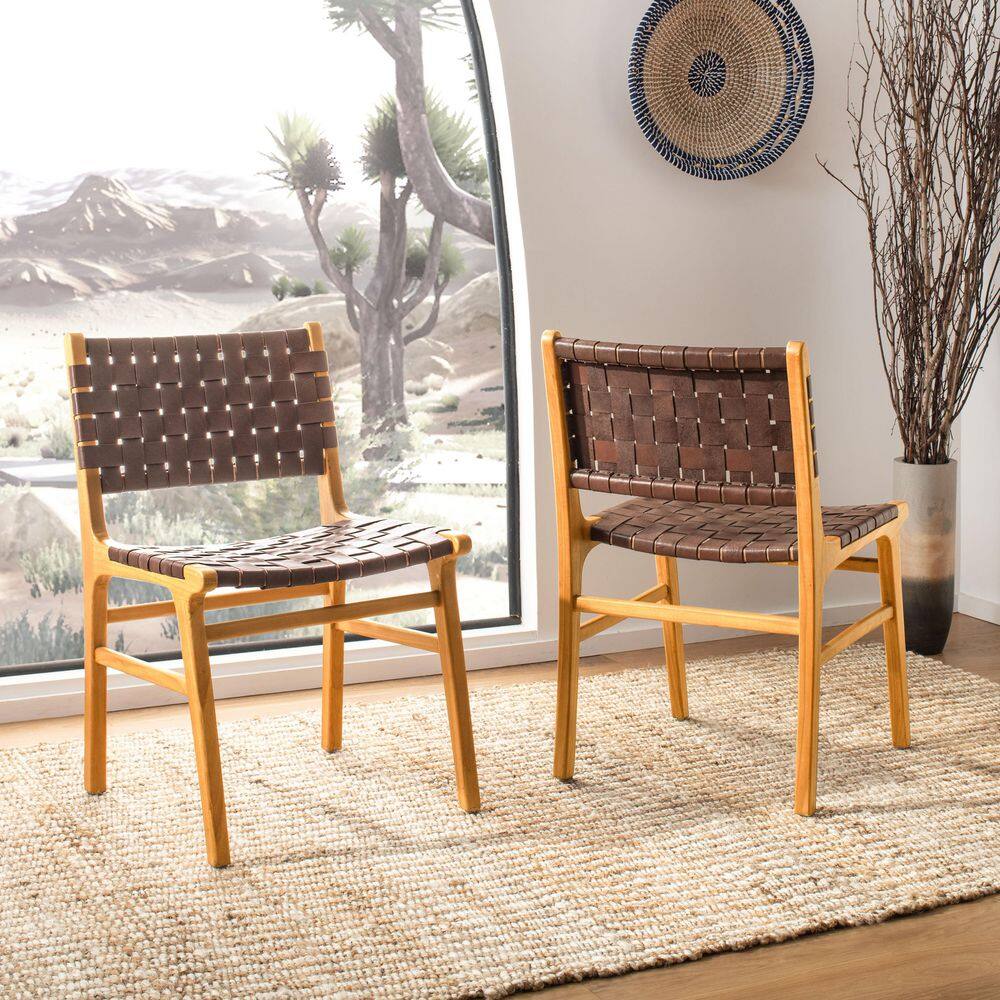 Cognac and Natural Woven Leather Side Chairs, Set of 2