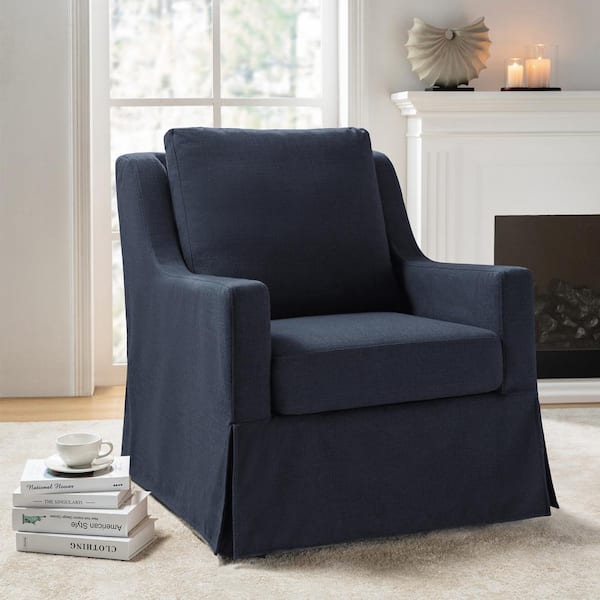 JAYDEN CREATION Stewart Navy Traditional Slipcovered Swivel Chair with Sloped Armrest