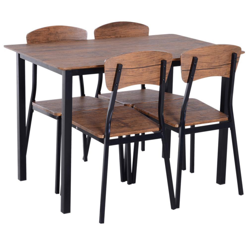Industrial 5-Piece Dining Set with Dark Walnut MDF and Steel
