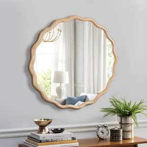 Natural 36 in. W x 36 in. H Solid Wood Round Wavy Wall Mirror for Bathroom, Bedroom, Cloakroom