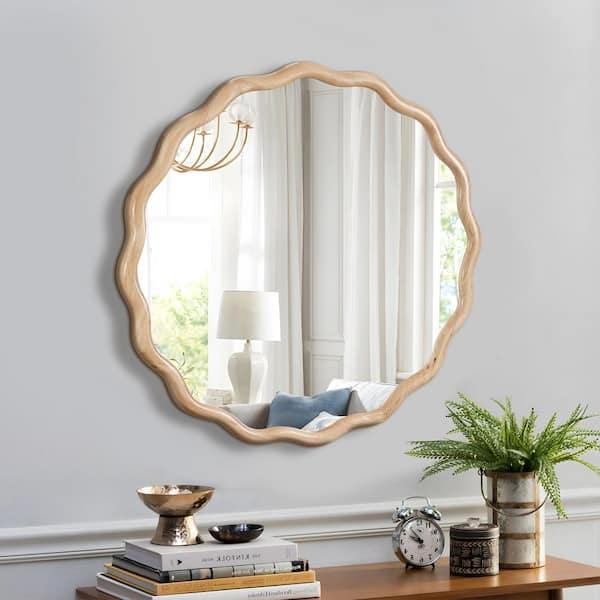 Natural 36 in. W x 36 in. H Solid Wood Round Wavy Wall Mirror for Bathroom, Bedroom, Cloakroom