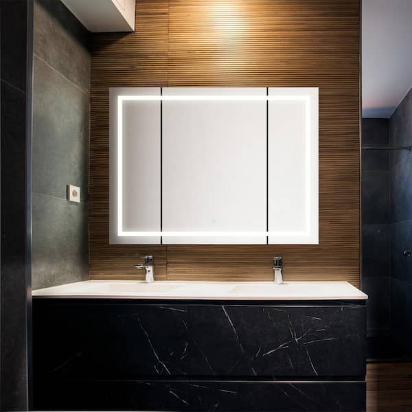 Royale Plus 48 in. W x 36 in. H Rectangular Medicine Cabinet with Mirror, Tri-View Door, LED Lighting, Mirror Defogger