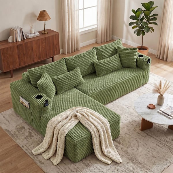105 in. Square Arm Polyester L-Shaped Full Foam Modular Sectional Sofa In Green with Cupholders
