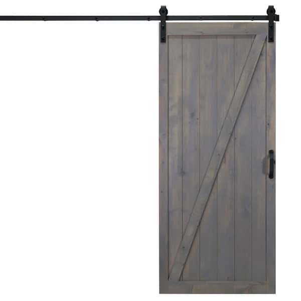 Dogberry Collections 36 in. x 84 in. Classic Z Ash Gray Alder Wood Interior Sliding Barn Door Slab with Hardware Kit