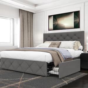 Dark Gray Frame Queen Size Platform Bed with 4 Storage Drawers and Adjustable Upholstered Headboard
