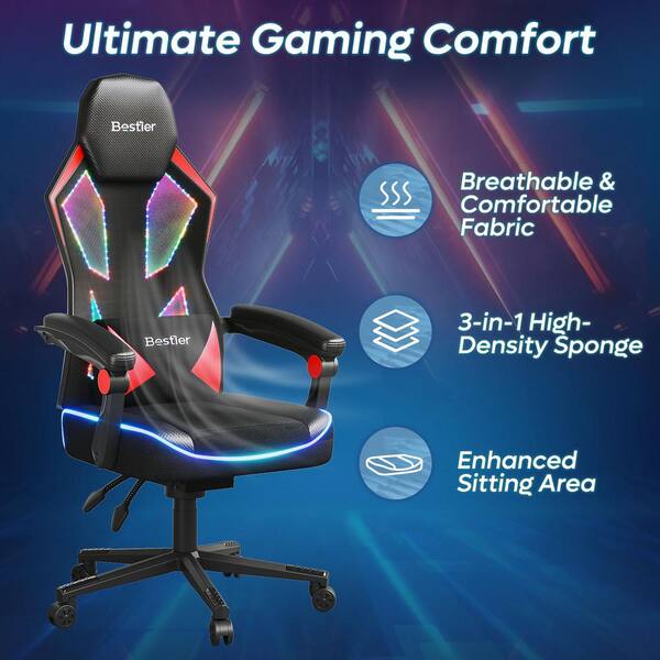 Bestier Fabric LED Ergonomic Gaming Chair in Black Red with Pocket