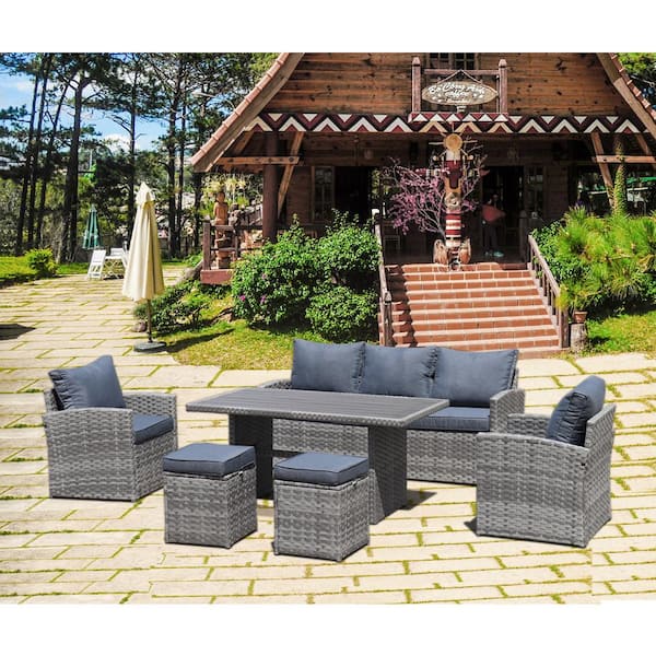 waelph 6-Piece Wicker Patio Conversation Set with Gray Cushions