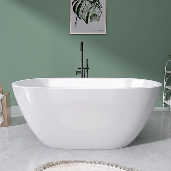 Zeafive Ema 55 in. x 29.5 in. Acrylic Flatbottom Freestanding Soaking Bathtub with Pop-Up Drain in Glossy White Stand Alone Tub