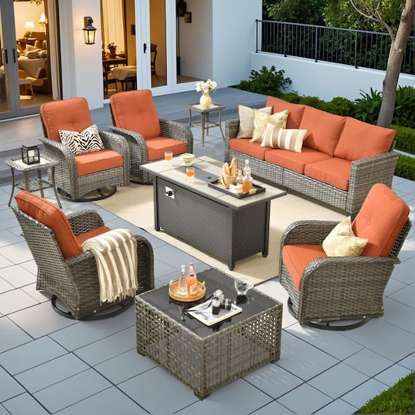 Scarlet 9-Piece Wicker Outdoor Patio Conversation Sofa Set with Swivel Chairs, a LED Table and Orange Red Cushions