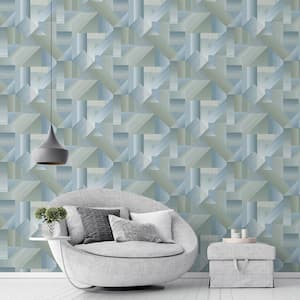 TexStyle Collection Green and Blue Geometric Shape Shifter Satin Non-Pasted Non-Woven Paper Wallpaper Roll