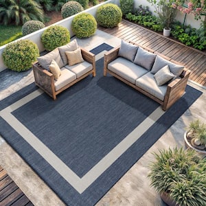 Blue/White 6 ft. x 9 ft. Bordered Indoor/Outdoor Area Rug