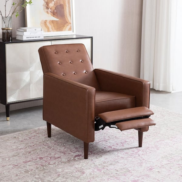 Light Brown PU Faux Leather Button-Tufted Upholstered Recliner with Solid Birch Legs