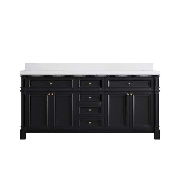 Paris 72 in. W x 22 in. D x 36 in. H Double Sink Bath Vanity in Black with 2 in. White qt. Top
